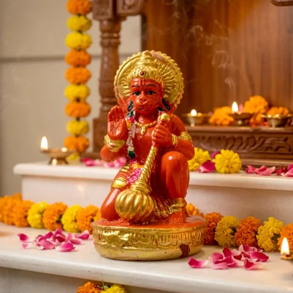 Lord Hanuman Idol with Gada in Blessing Pose – Orange & Gold