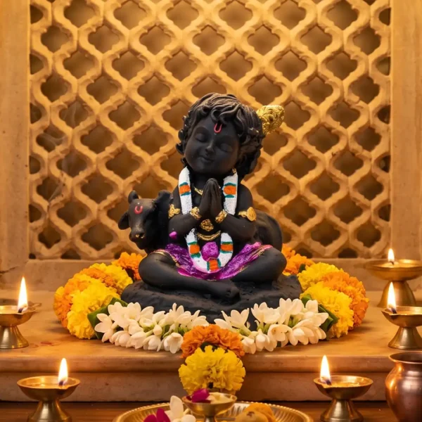 Bal Krishna Idol with Cow – Black Krishna Statue in Namaste Pose