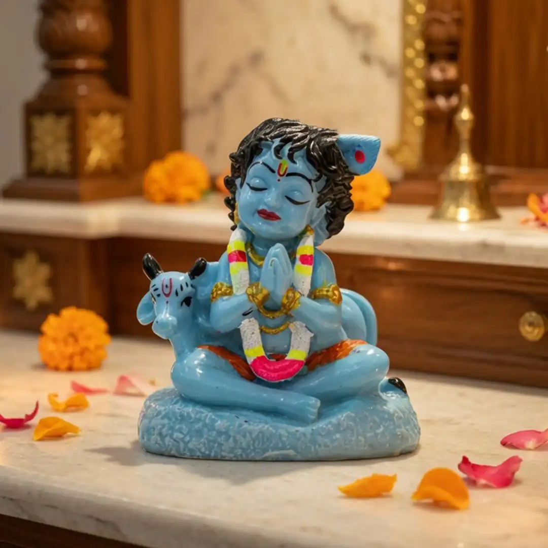 Bal Krishna Idol with Cow – Blue Krishna Statue in Namaste Pose