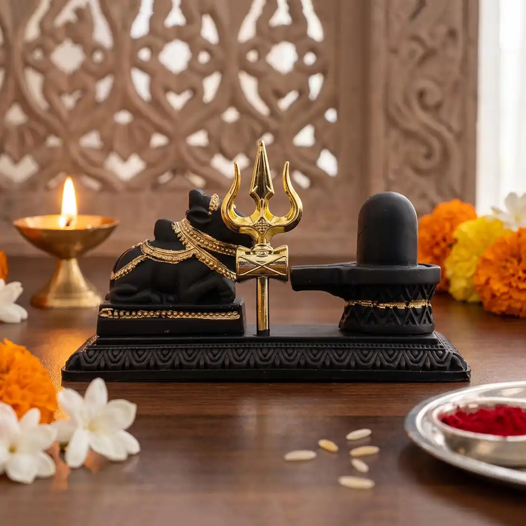 Shivling with Nandi and Golden Trishul Idol Set – Black & Gold