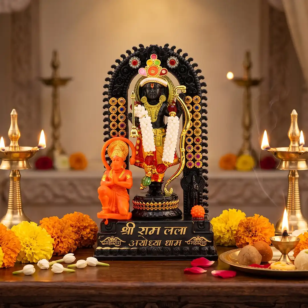 Ram Lalla Ayodhya Dham Idol with Hanuman Ji - Black & Gold