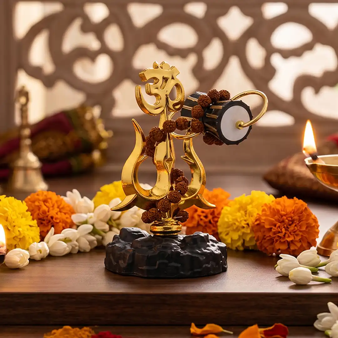 Mahadev Trishul with Om, Damru & Rudraksha – Gold