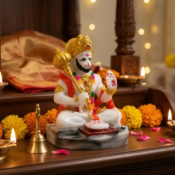 Lord Hanuman Idol with Gada – Marble White, Orange & Golden