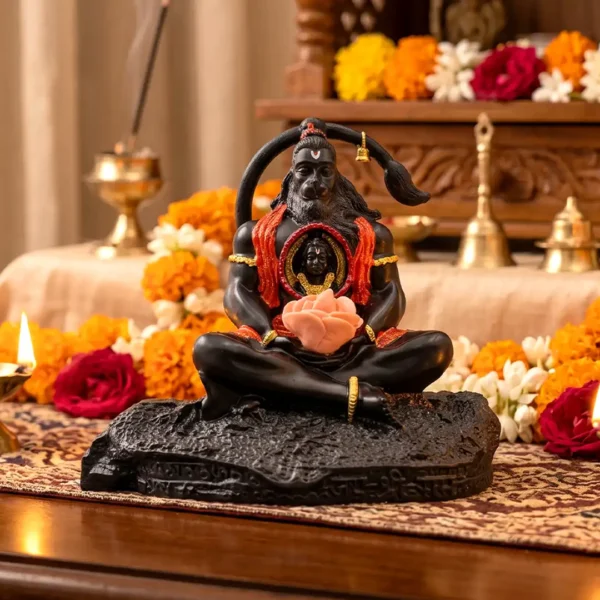Meditating Hanuman Ji Idol with Ram Darbar in Heart – Black