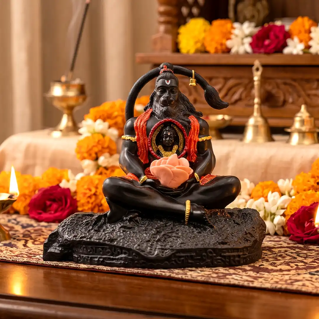 Meditating Hanuman Ji Idol with Ram Darbar in Heart – Black