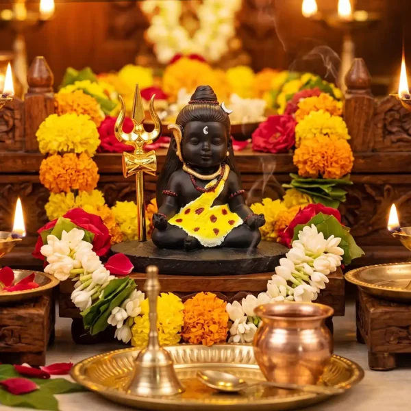 Bal Shiv Meditation Idol with Golden Trishul – Black Decorative Idol