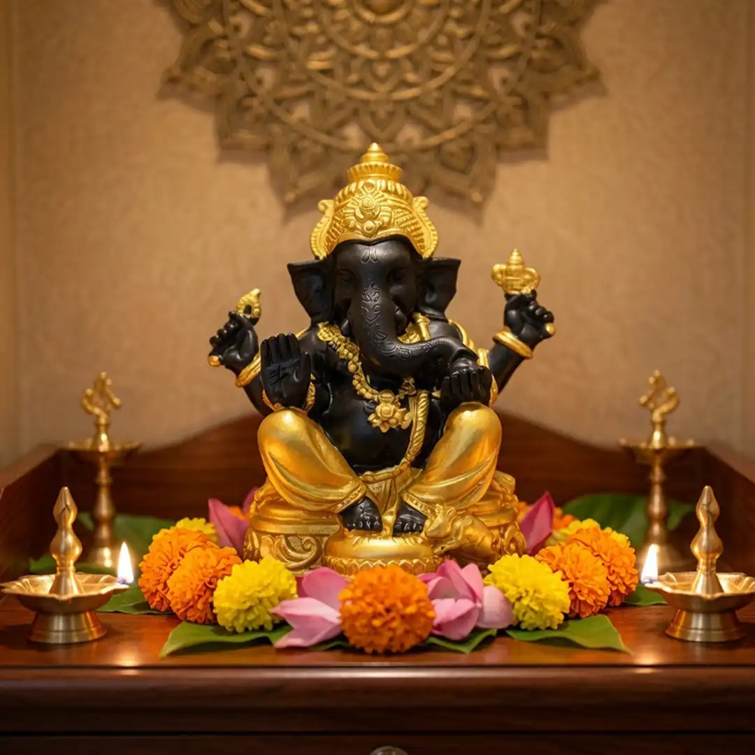 Lord Ganesha Idol – Black & Golden - For Home Mandir & Decor