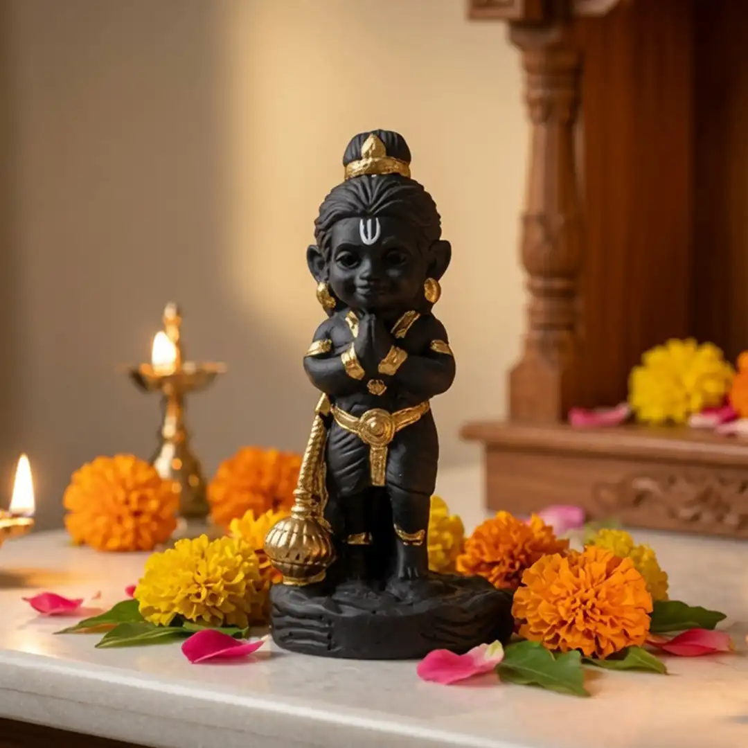 Bal Hanuman Standing Idol with Gada – Black & Golden