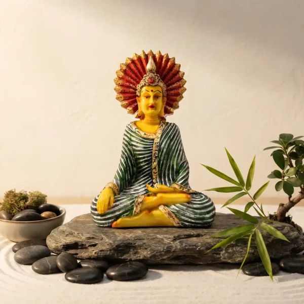 Meditating Buddha Showpiece with Colorful Crown for Office & Gift