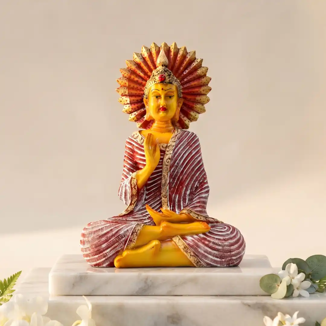 Blessing Gautam Buddha | Yellow, Red & White Statue - Image 3