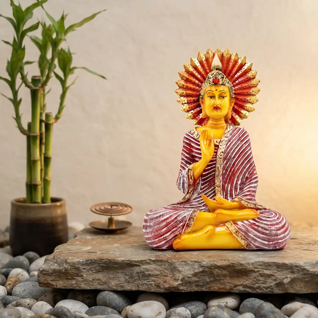 Blessing Gautam Buddha | Yellow, Red & White Statue - Image 4