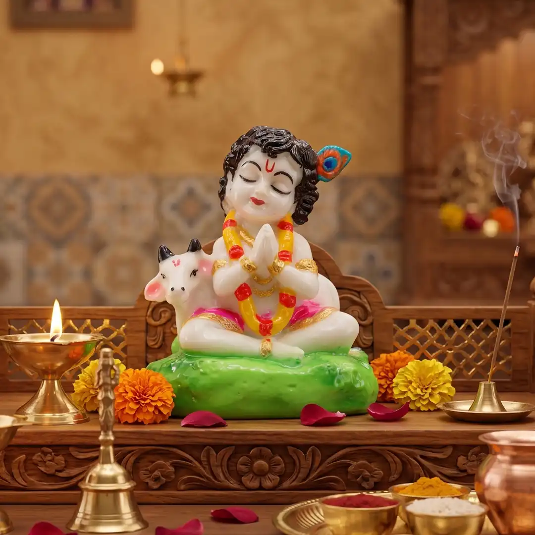 Bal Krishna Idol with Cow – White Krishna Statue in Namaste Pose