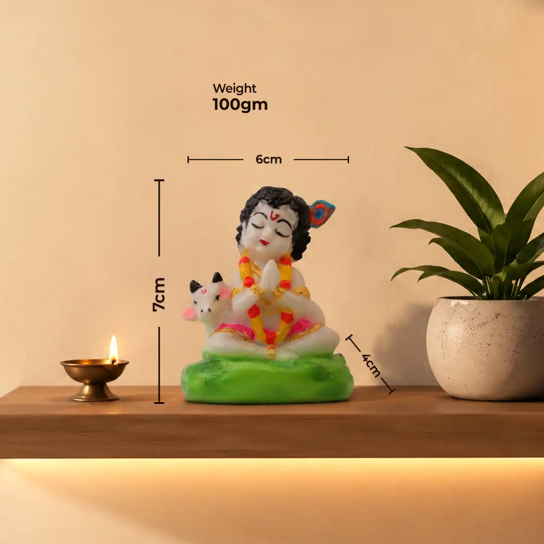 Bal Krishna Idol with Cow – White Krishna Statue in Namaste Pose - Image 2