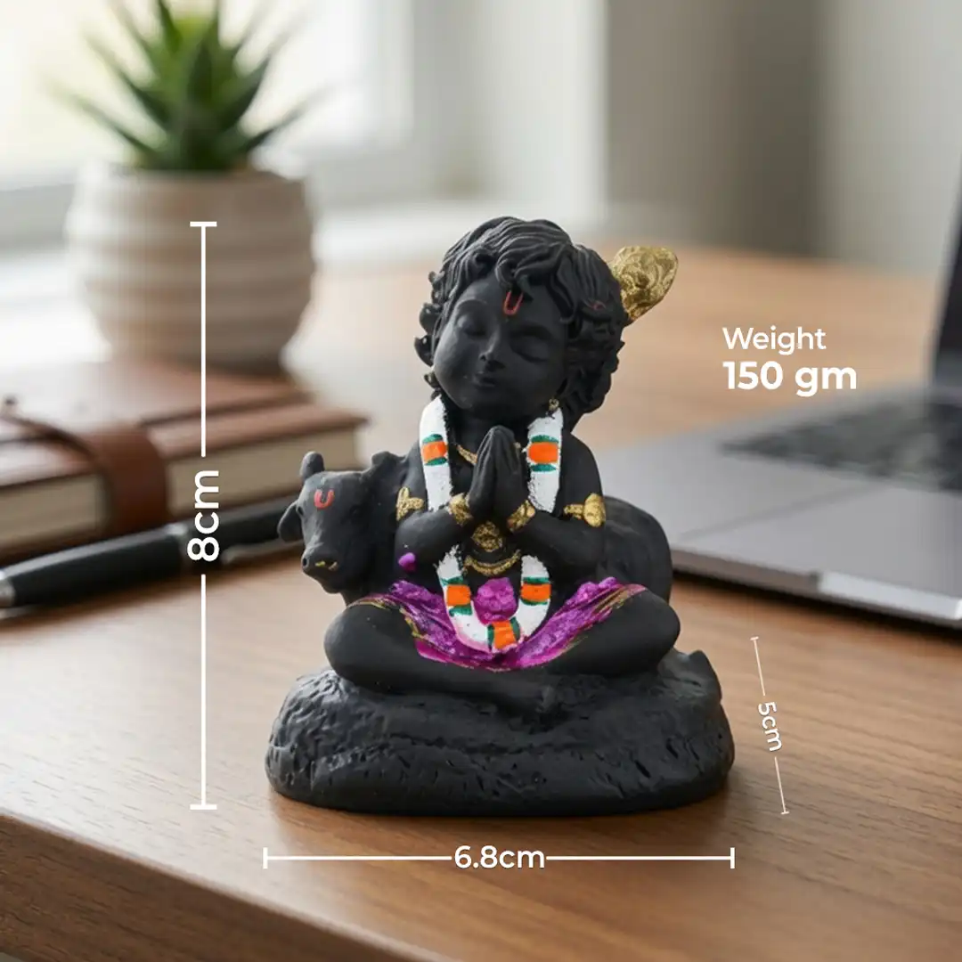 Bal Krishna Idol with Cow – Black Krishna Statue in Namaste Pose - Image 2