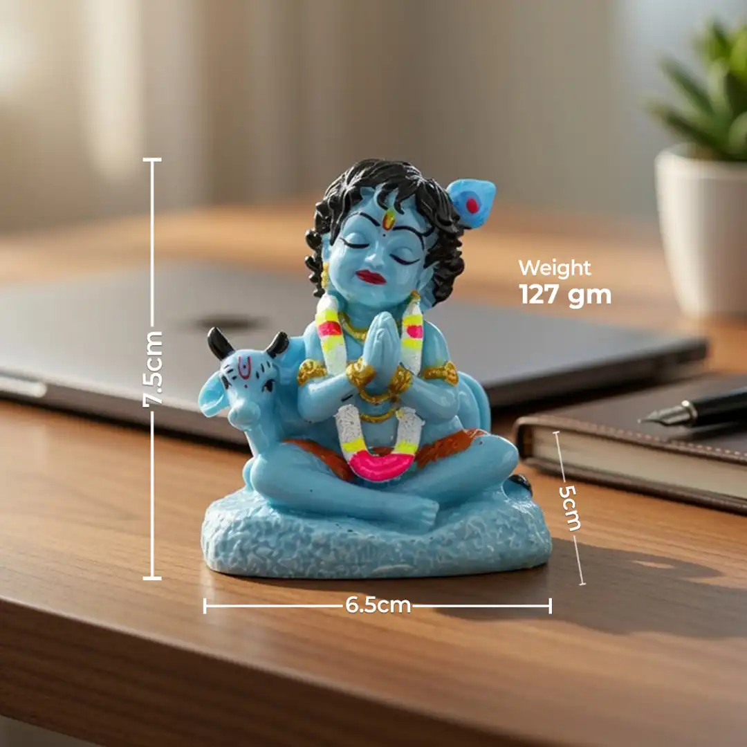 Bal Krishna Idol with Cow – Blue Krishna Statue in Namaste Pose - Image 2