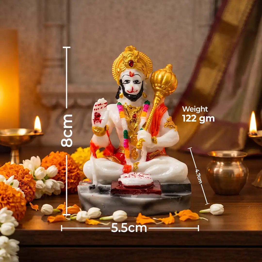 Lord Hanuman Idol with Gada – Marble White, Orange & Golden - Image 2