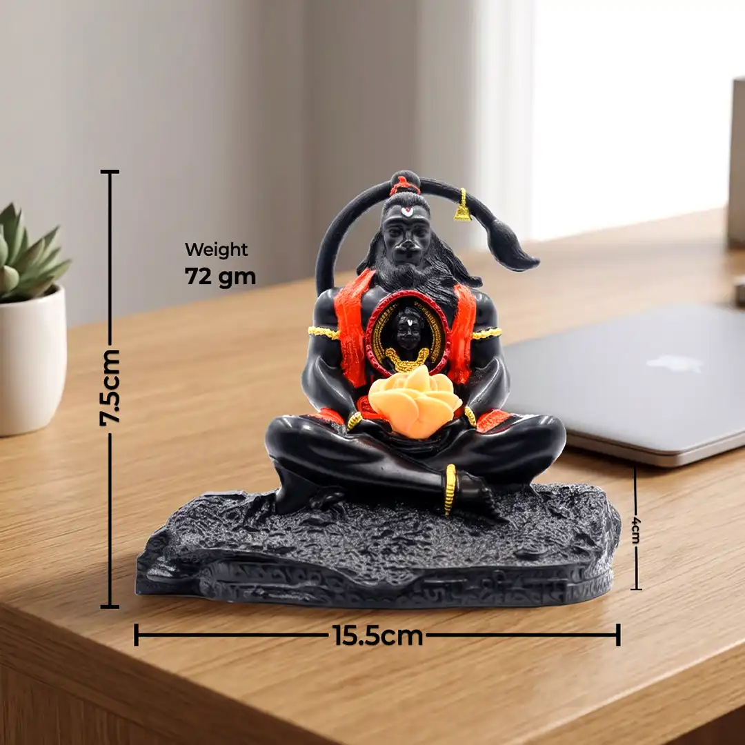 Meditating Hanuman Ji Idol with Ram Darbar in Heart – Black - Image 2