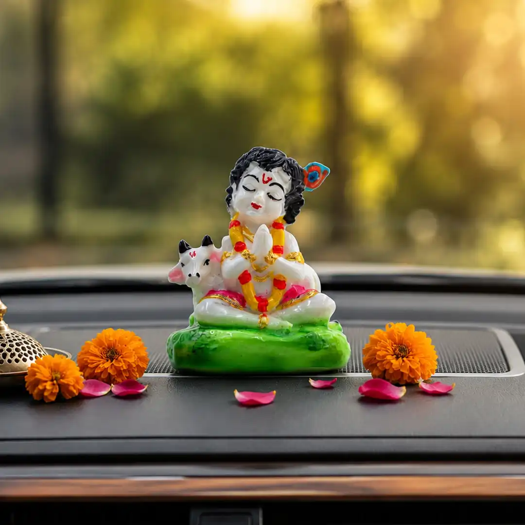 Bal Krishna Idol with Cow – White Krishna Statue in Namaste Pose - Image 3