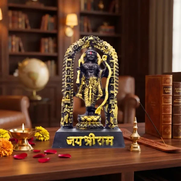 Lord Ram Idol with Bow & Decorative Arch – Black & Golden