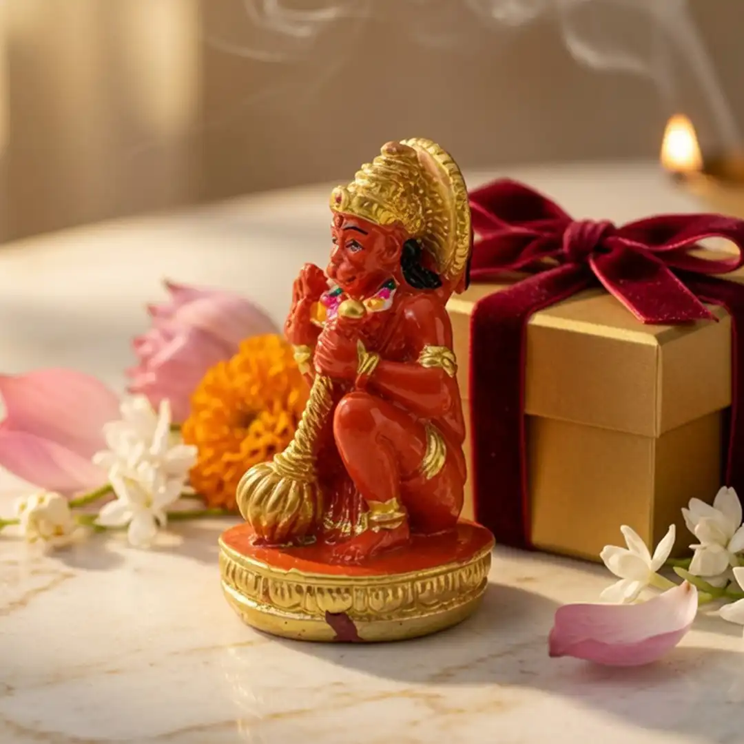 Lord Hanuman Idol with Gada in Blessing Pose – Orange & Gold - Image 4
