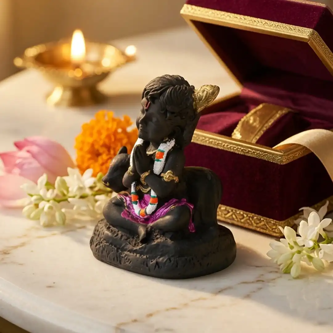 Bal Krishna Idol with Cow – Black Krishna Statue in Namaste Pose - Image 4