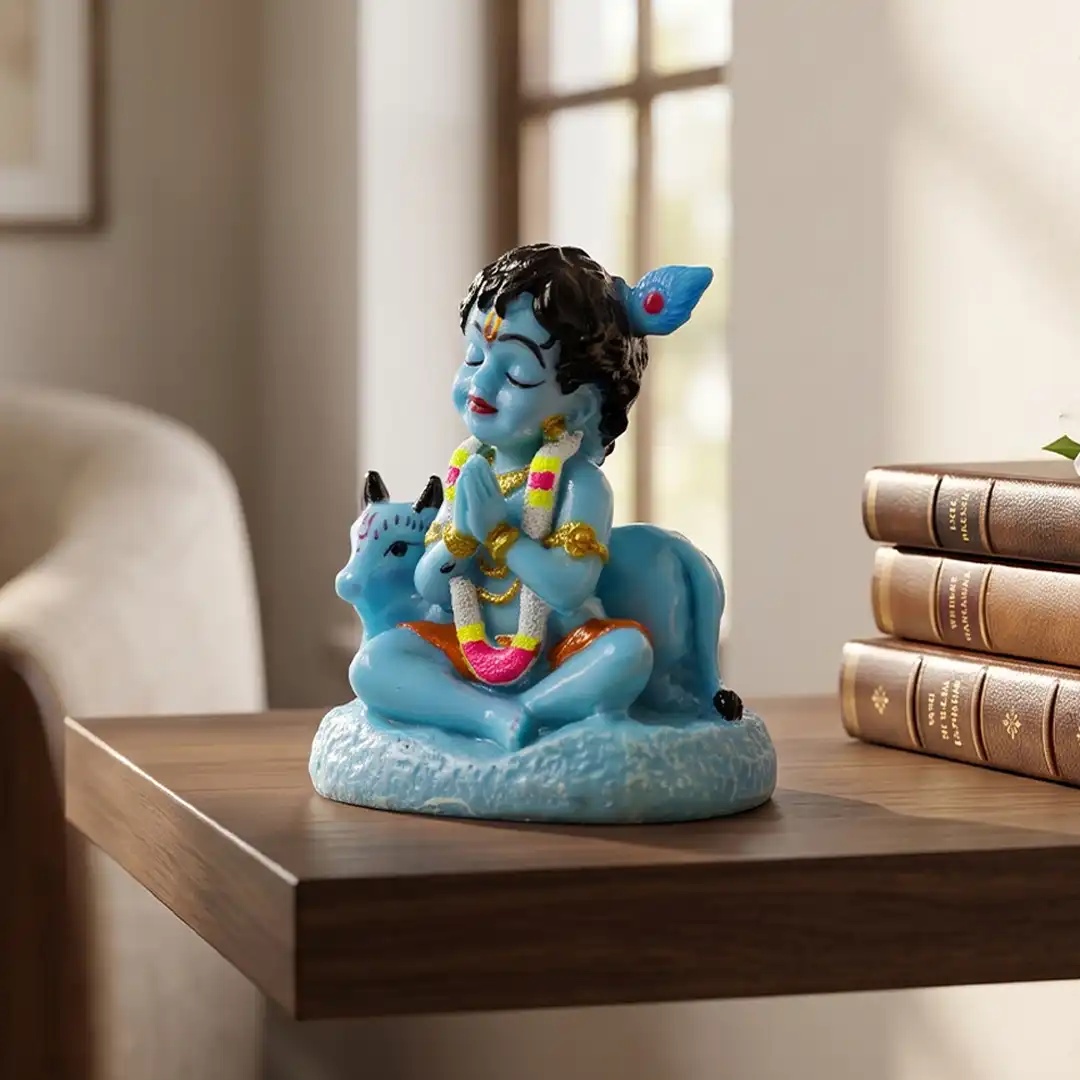 Bal Krishna Idol with Cow – Blue Krishna Statue in Namaste Pose - Image 4