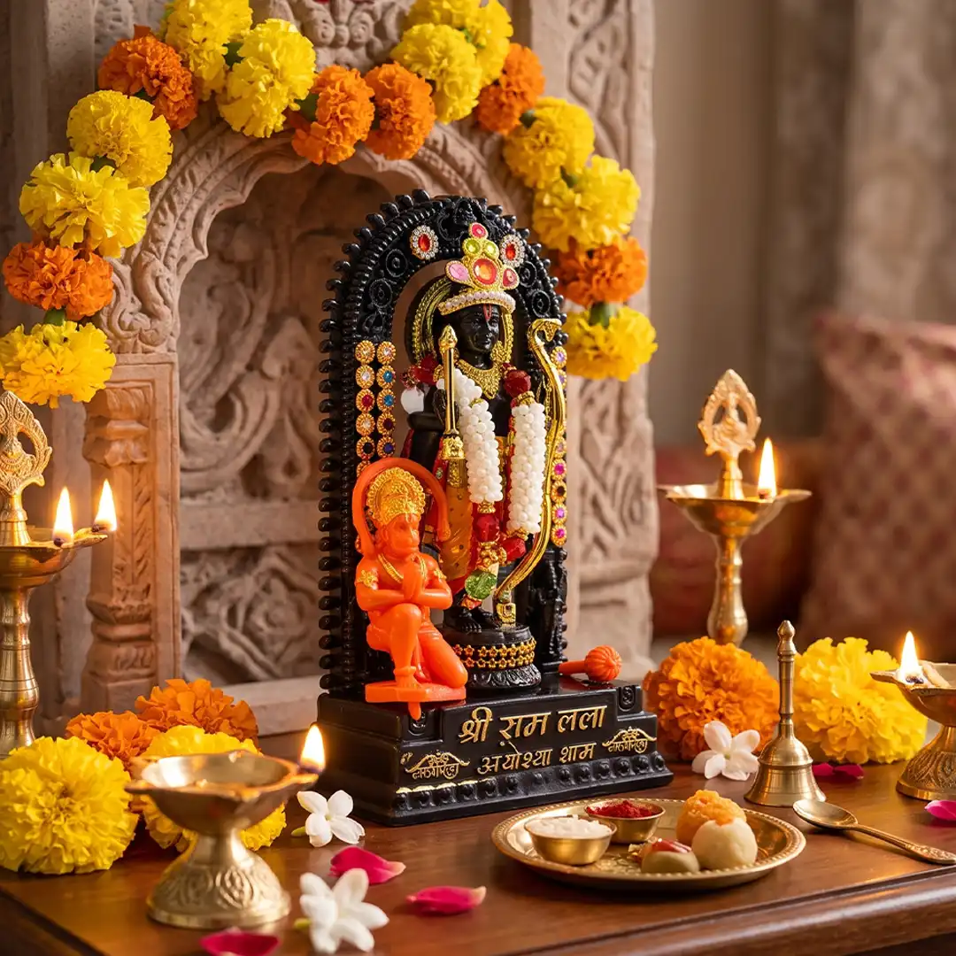 Ram Lalla Ayodhya Dham Idol with Hanuman Ji - Black & Gold - Image 4
