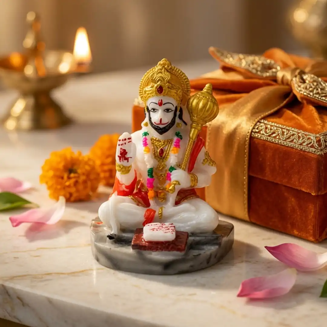 Lord Hanuman Idol with Gada – Marble White, Orange & Golden - Image 4
