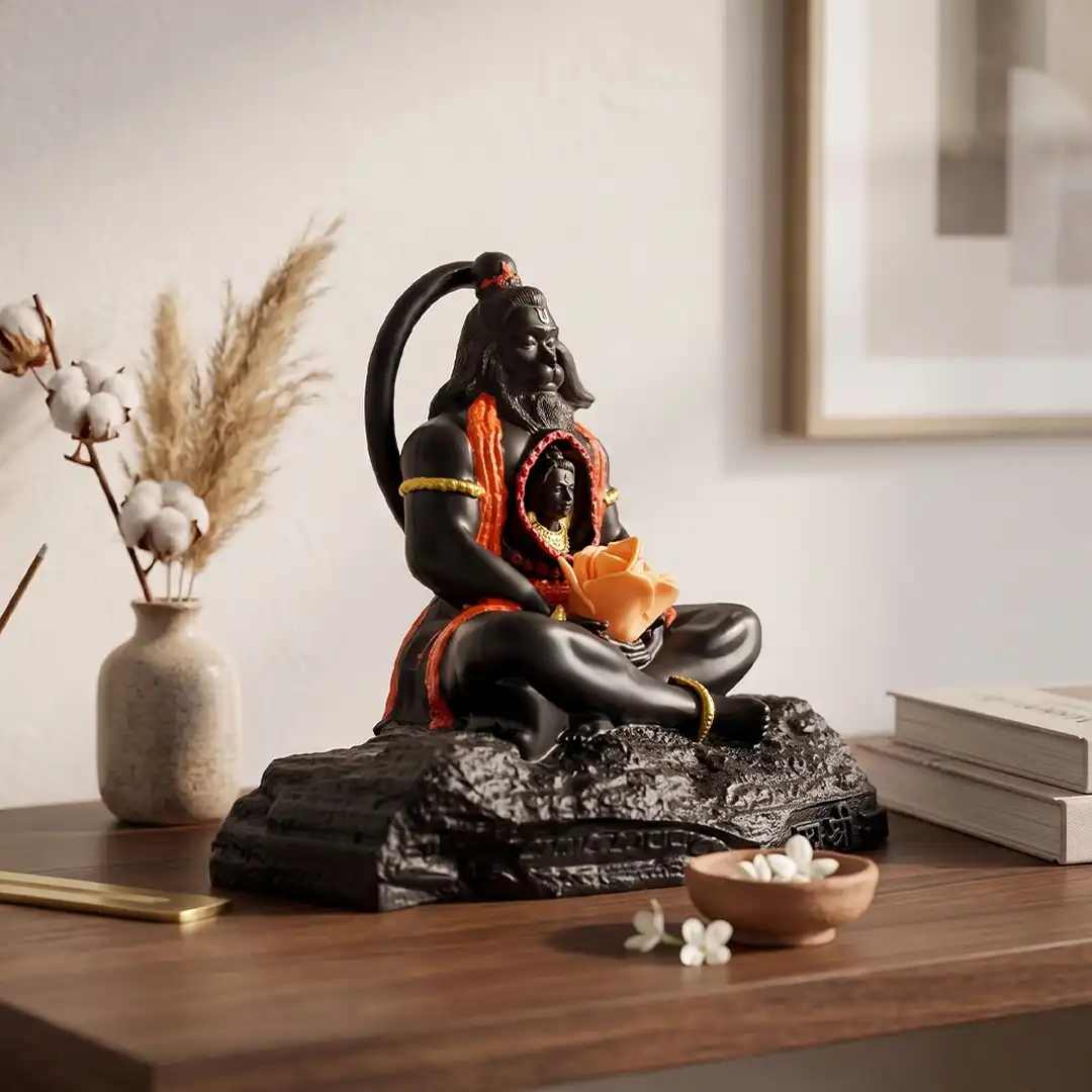 Meditating Hanuman Ji Idol with Ram Darbar in Heart – Black - Image 4