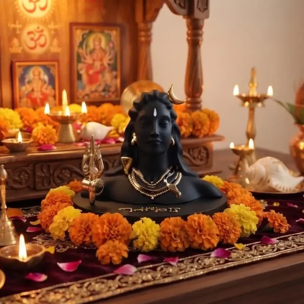 Adiyogi Shiva Idol with Golden Trishul – Black & Gold