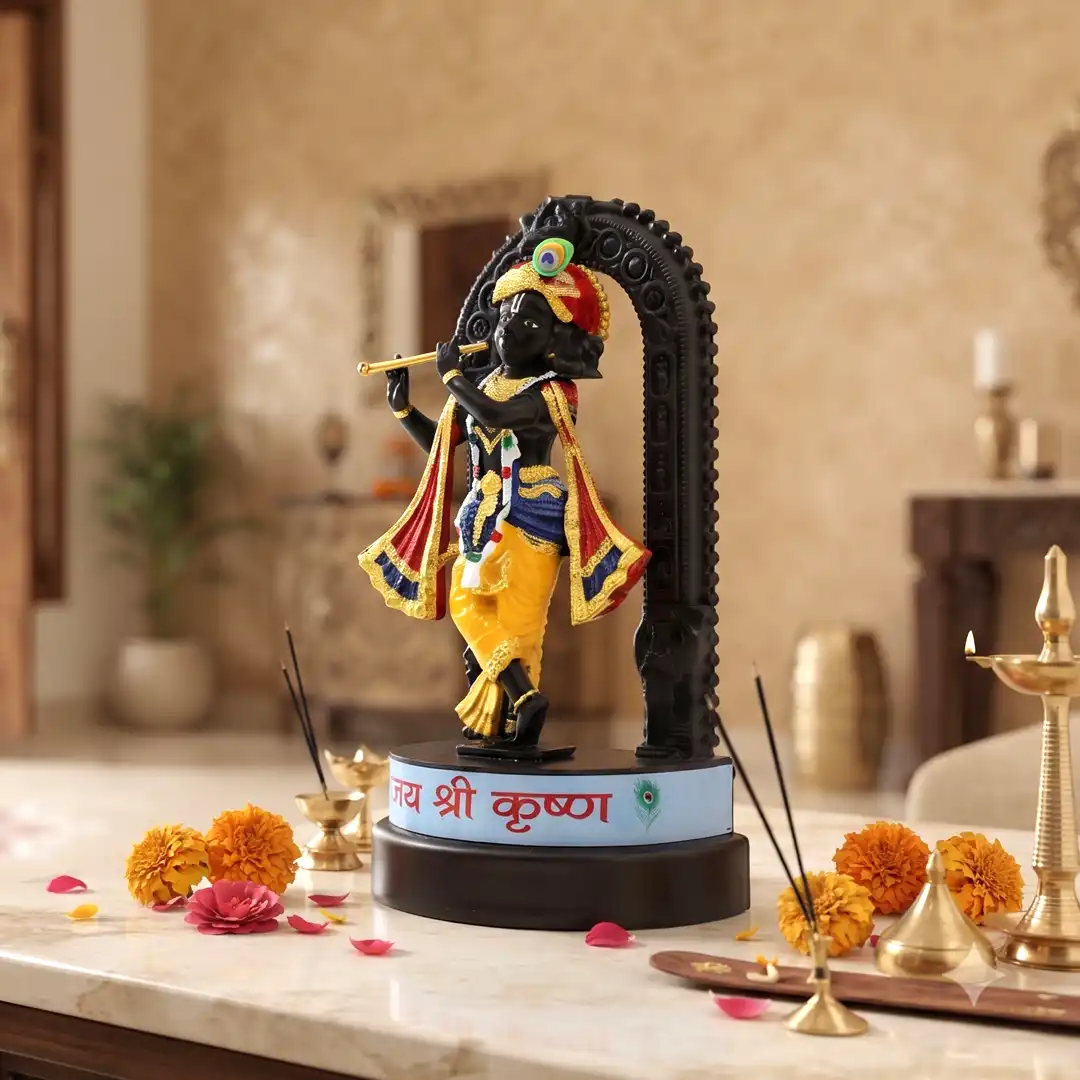 Lord Krishna Idol with Flute & Decorative Arch – Black Multicolour - Image 4