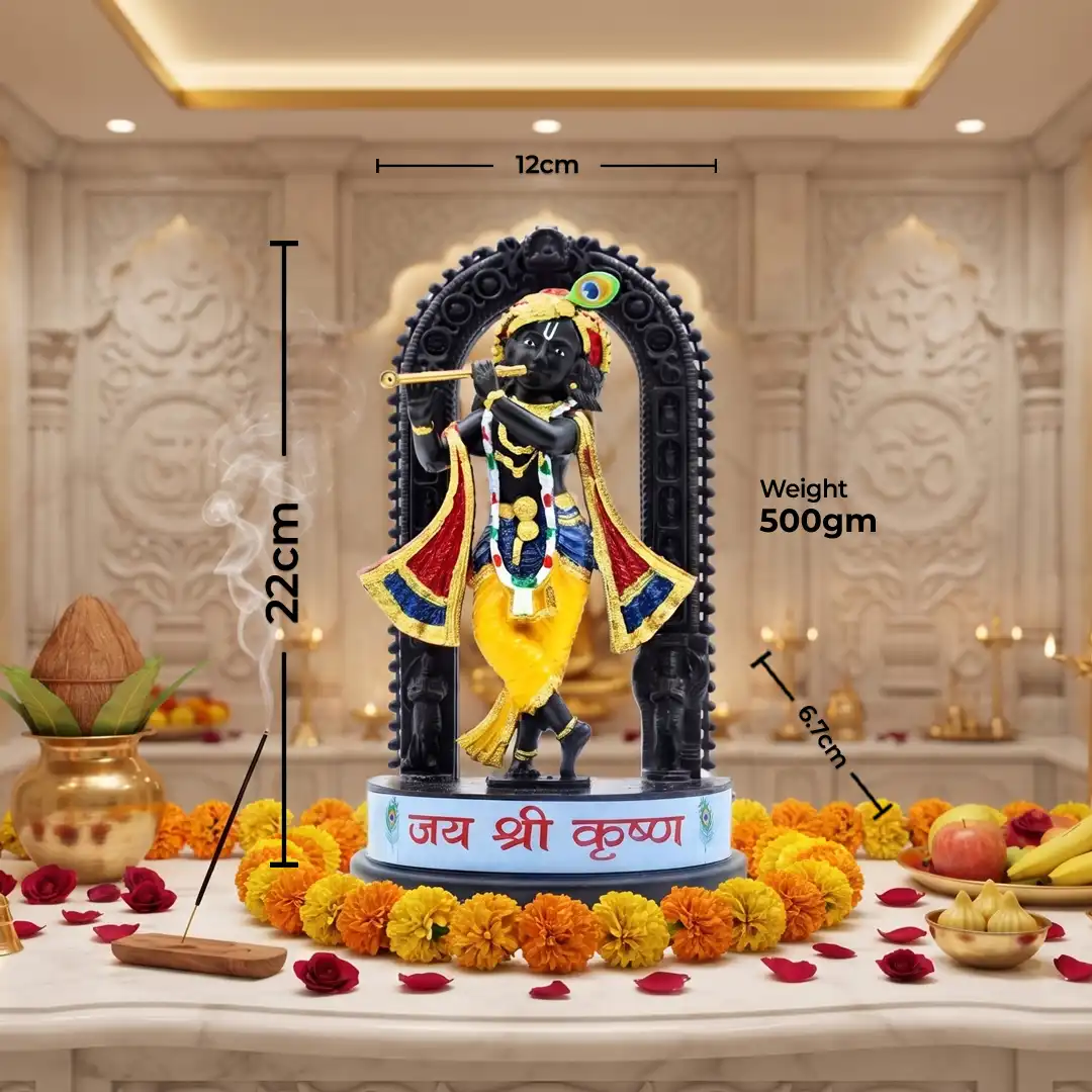 Lord Krishna Idol with Flute & Decorative Arch – Black Multicolour - Image 2