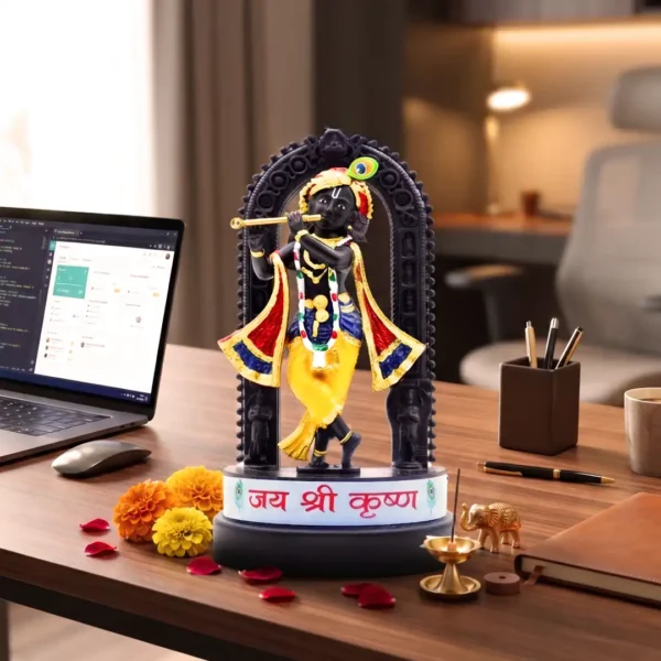 Lord Krishna Idol with Flute & Decorative Arch – Black Multicolour