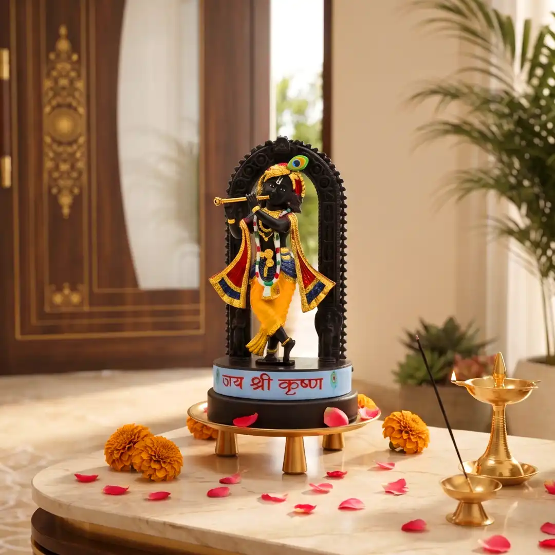 Lord Krishna Idol with Flute & Decorative Arch – Black Multicolour - Image 3