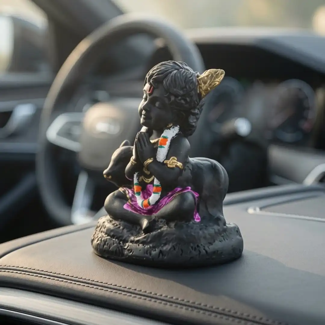 Bal Krishna Idol with Cow – Black Krishna Statue in Namaste Pose - Image 3
