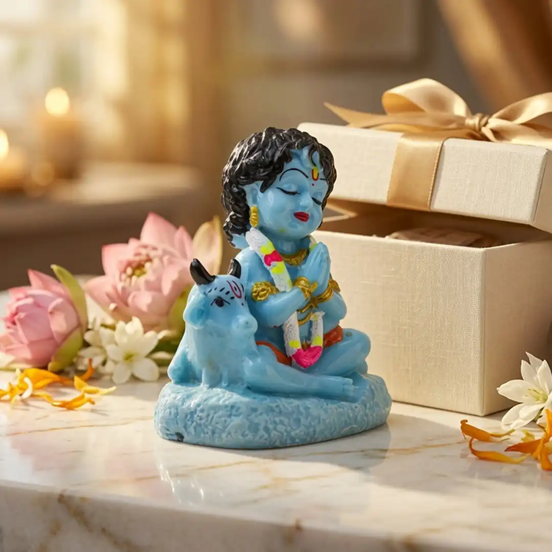 Bal Krishna Idol with Cow – Blue Krishna Statue in Namaste Pose - Image 3