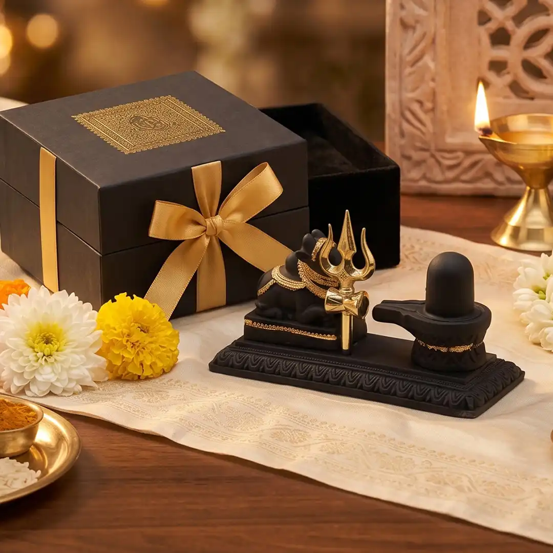 Shivling with Nandi and Golden Trishul Idol Set – Black & Gold - Image 3