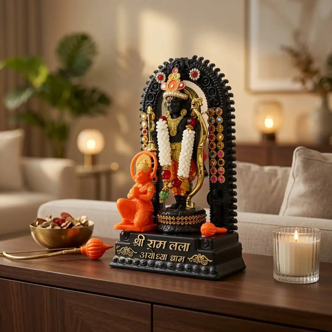 Ram Lalla Ayodhya Dham Idol with Hanuman Ji - Black & Gold - Image 3