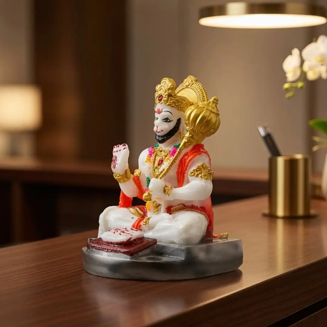 Lord Hanuman Idol with Gada – Marble White, Orange & Golden - Image 3
