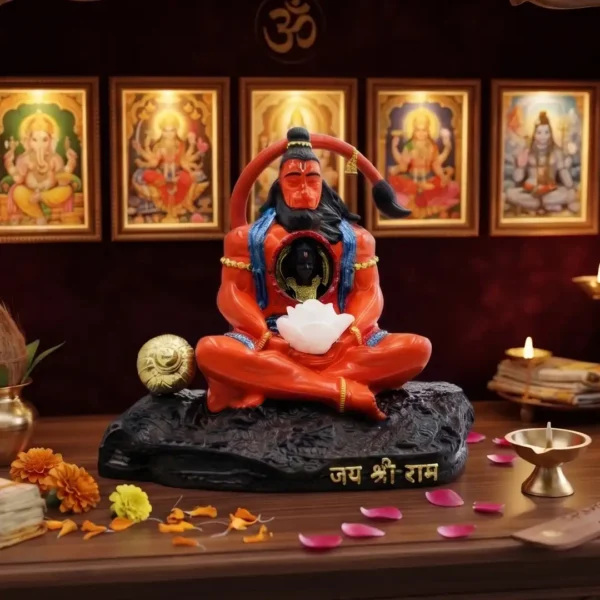 Meditating Hanuman Ji Idol with Shri Ram in Heart – Orange & Black