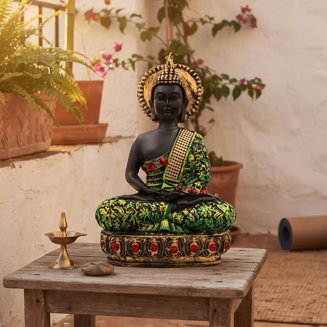 Meditating Buddha Idol with Decorative Robe & Halo | Medium - Image 3