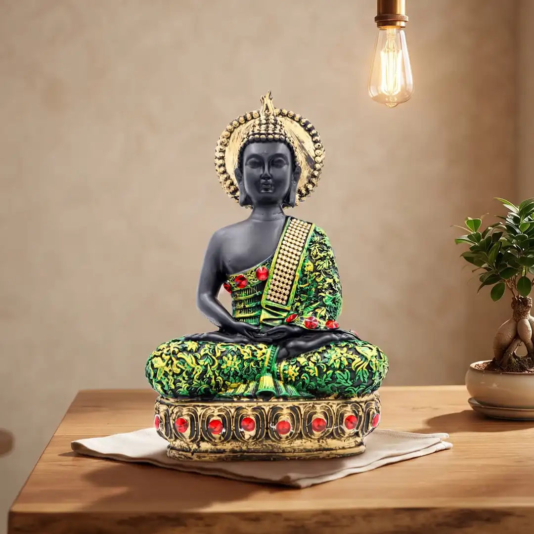 Meditating Buddha Idol with Decorative Robe & Halo – Black, Green & Gold - Image 4
