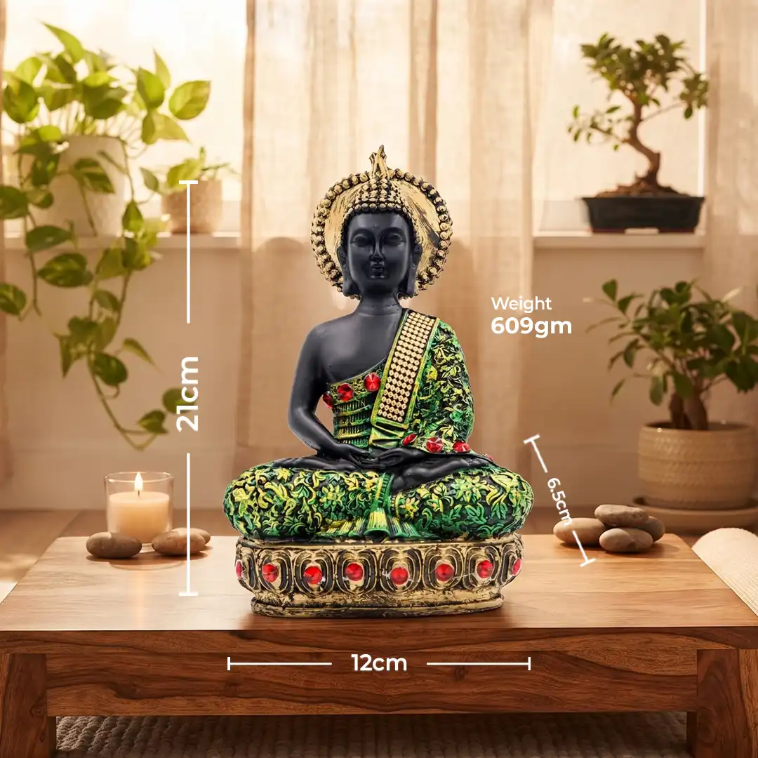 Meditating Buddha Idol with Decorative Robe & Halo – Black, Green & Gold - Image 2