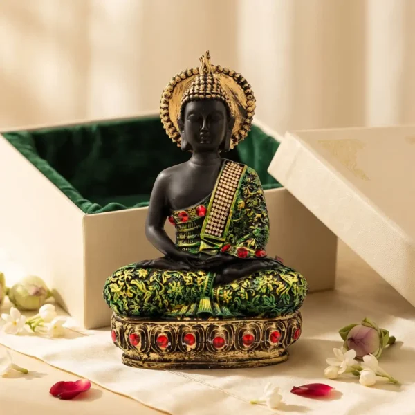Meditating Buddha Idol with Decorative Robe & Halo – Black, Green & Gold