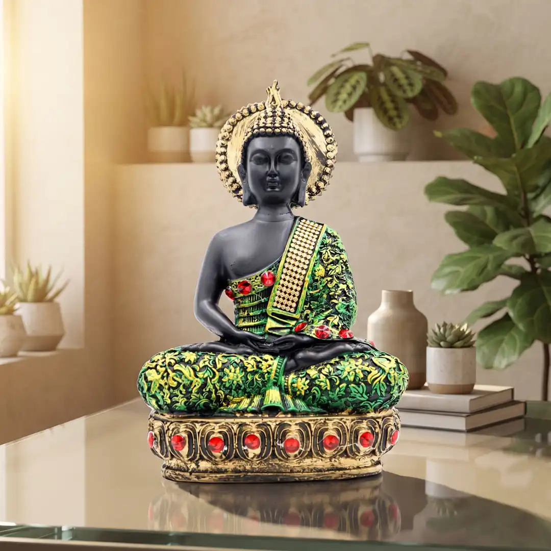 Meditating Buddha Idol with Decorative Robe & Halo – Black, Green & Gold - Image 3
