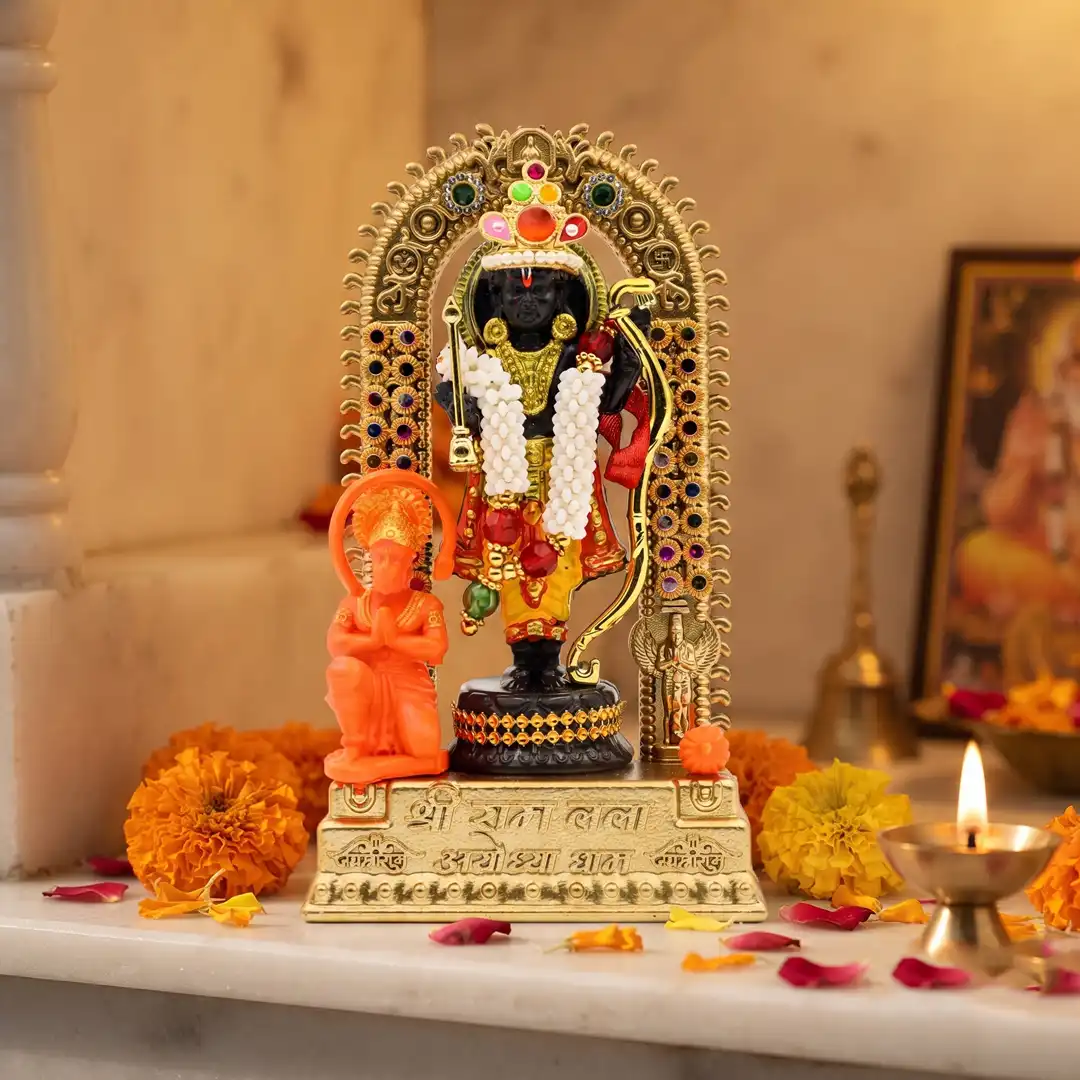 Ram Lalla Ayodhya Dham Idol with Hanuman Ji - Gold & Black - Image 4
