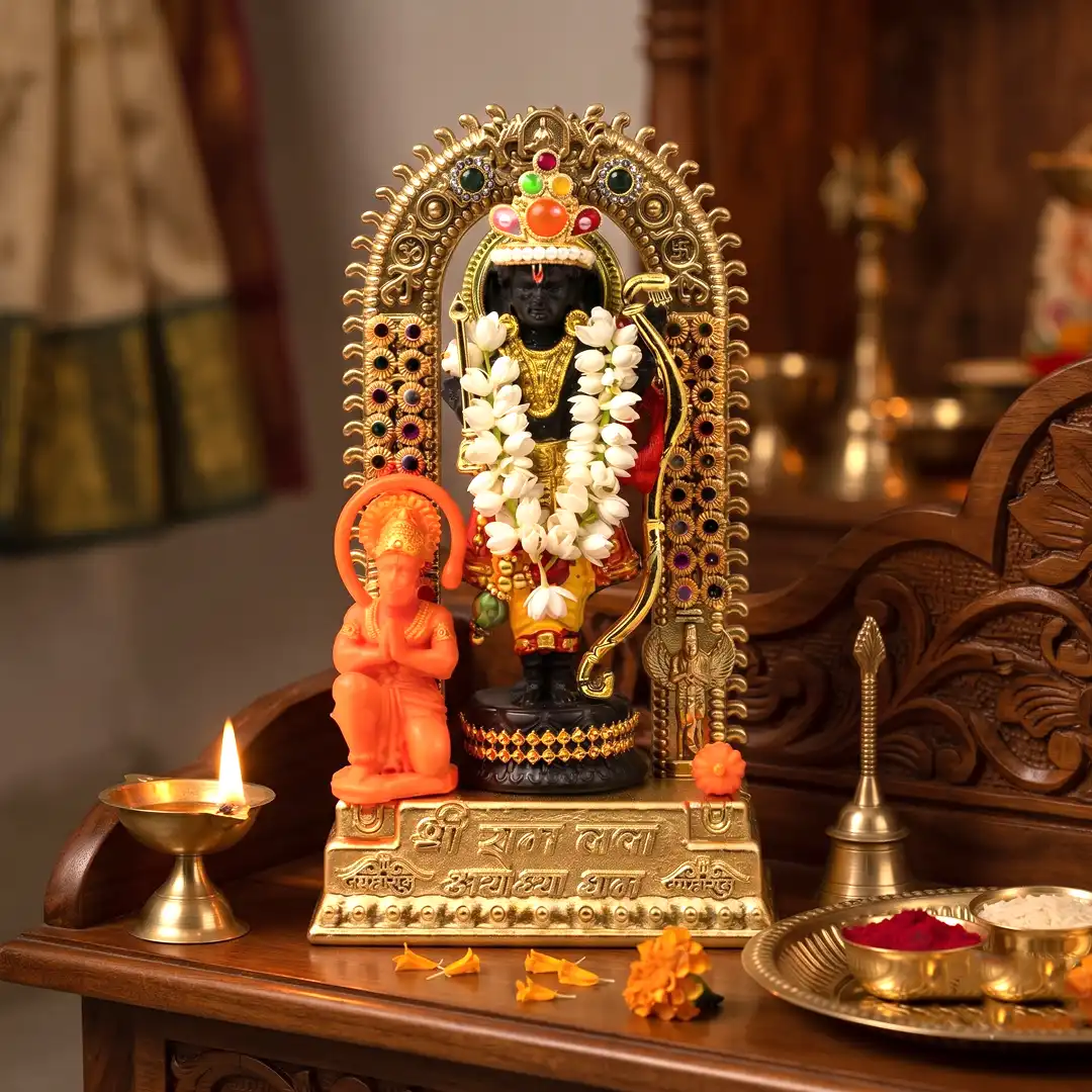 Ram Lalla Ayodhya Dham Idol with Hanuman Ji - Gold & Black - Image 3