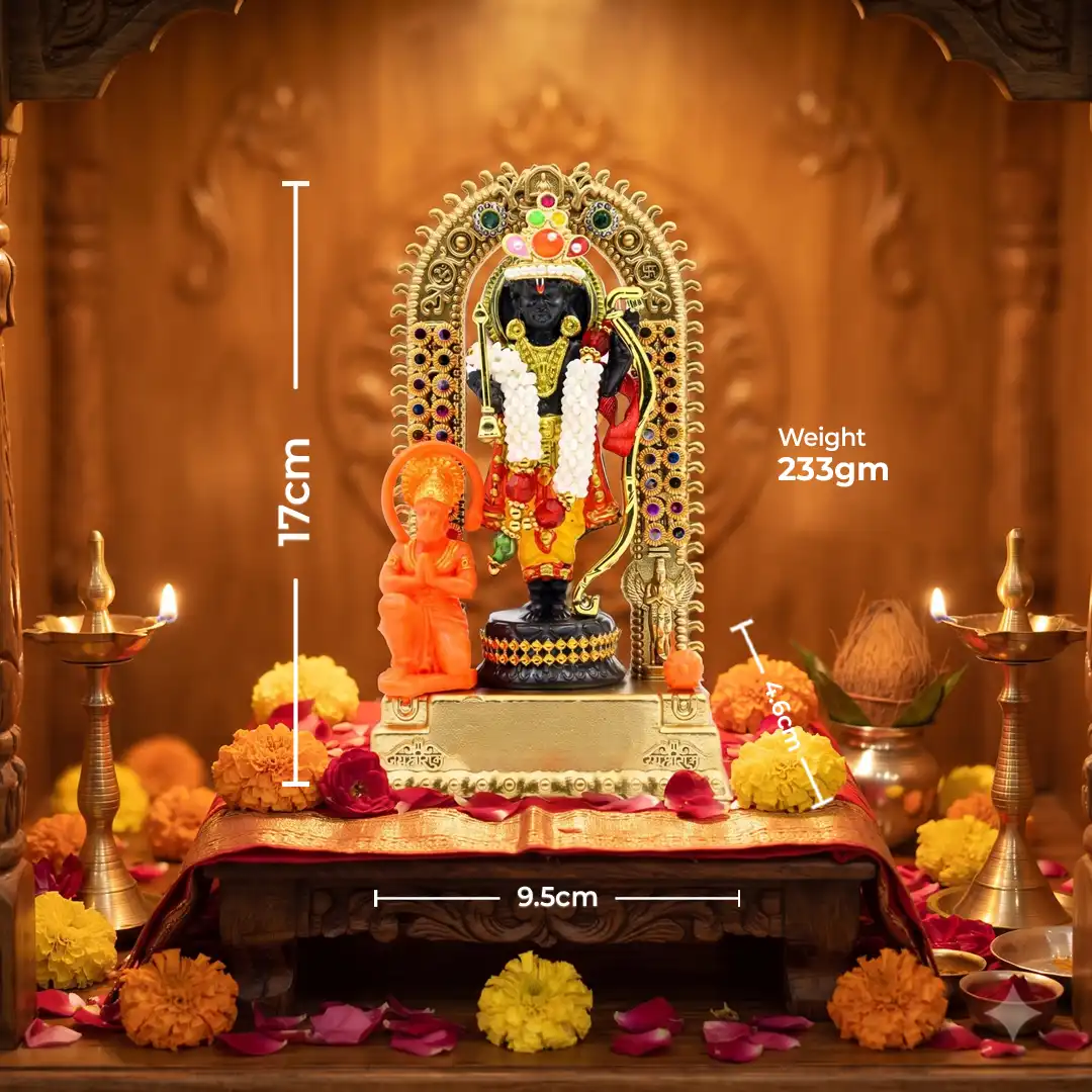Ram Lalla Ayodhya Dham Idol with Hanuman Ji - Gold & Black - Image 2