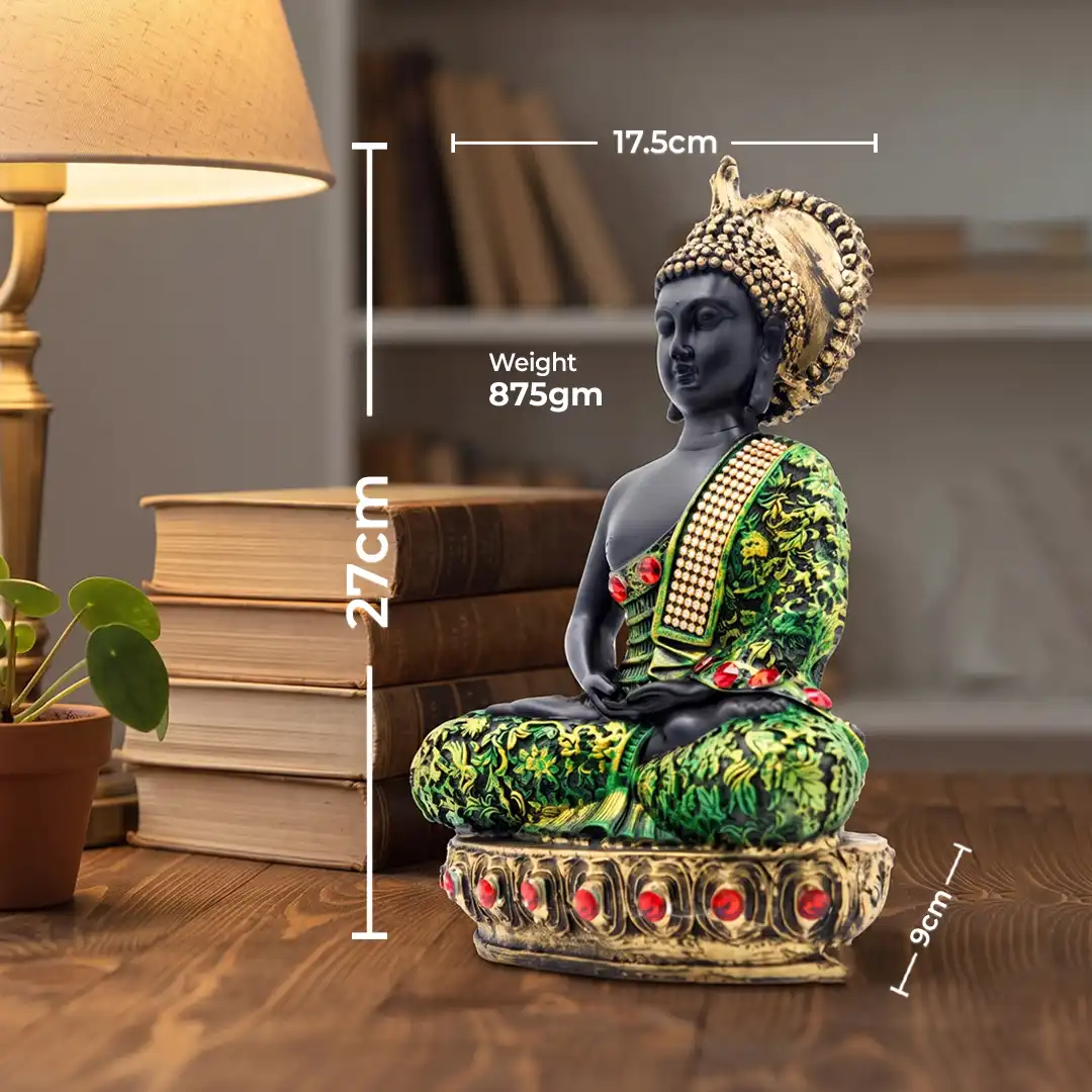 Meditating Buddha Idol with Decorative Robe & Halo | Medium - Image 2