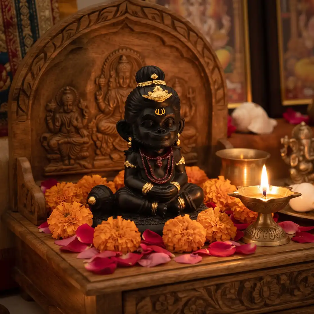 Bal Hanuman Meditation Idol with Gada – Black & Golden - Image 3